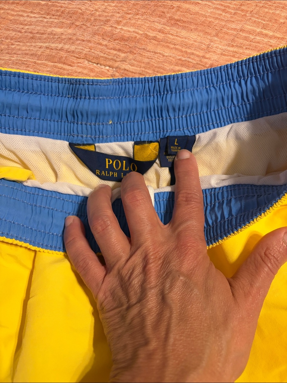 Polo by Ralph Lauren Bright Yellow Men’s Swim Trunks with Blue Waistband - Picture 2 of 5
